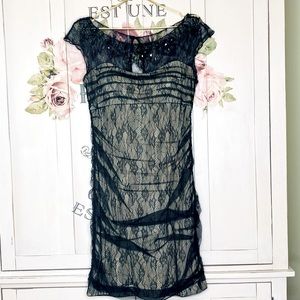 JESSICA SIMPSON Cocktail Dress Black Lace Ruched Knee Length size 8